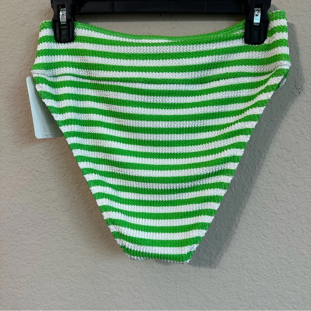 GB Bikini Bottom Green White Striped High Waisted Retro Scrunch Texture Swimsuit